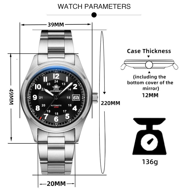 ADDIESDIVE AD2048 zegarki dla par 200M wodoodporna stal nierdzewna 316L szafirowy kryształ BGW9 Luminous 39mm NH35 zegarki automatyczne