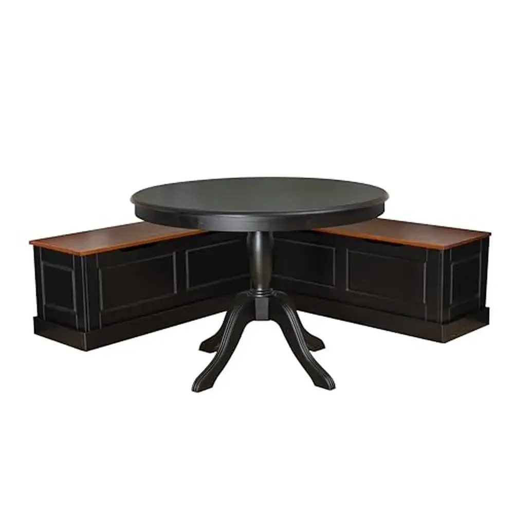 Solid Elliotis Pine Wood Dining Set with Hidden Storage Bench Round Pedestal Table Kitchen or Dining Areas Black/Walnut Modern