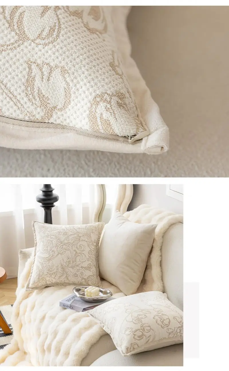 Französischer Blumen-Jacquard-Kissenbezug, Cojines Dutch Velvet Beige Decor Sofa, quadratischer Kissenbezug, Kopfteil-Kissenbezüge – Detail 11