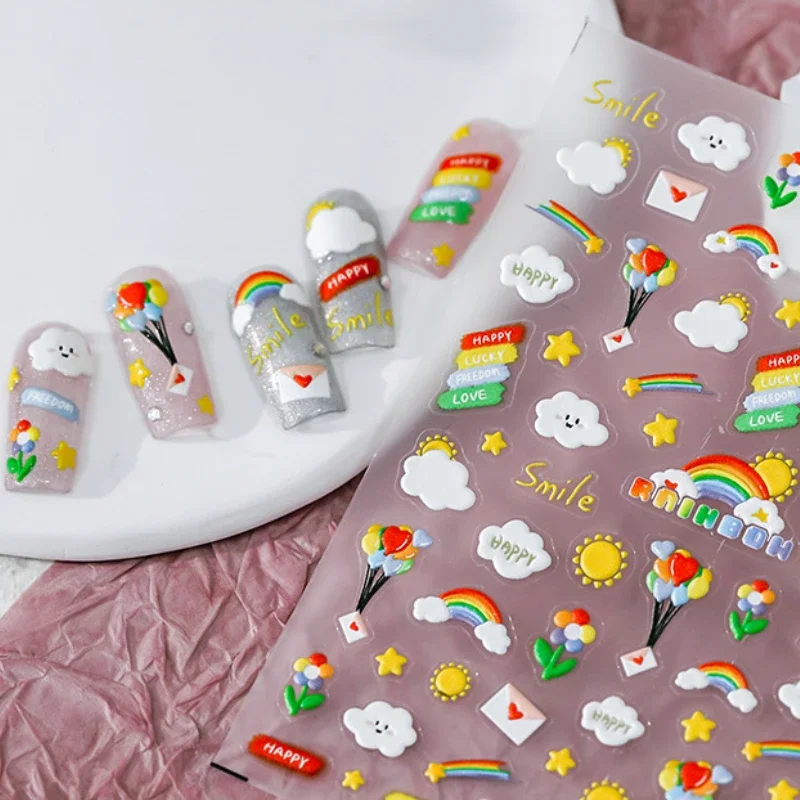 Bunte Regenbogen wolken ballons niedlichen Cartoon neue 5d weiche geprägte Relief selbst klebende Nail Art Aufkleber schöne 3D-Maniküre Aufkleber