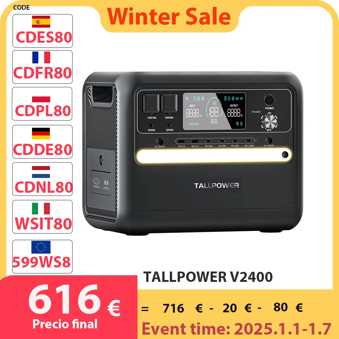 TALLPOWER V2400 Portable Power Station 2160Wh LiFePo4 Solar Generator 2400W AC Output Adjustable Input Power UPS Function