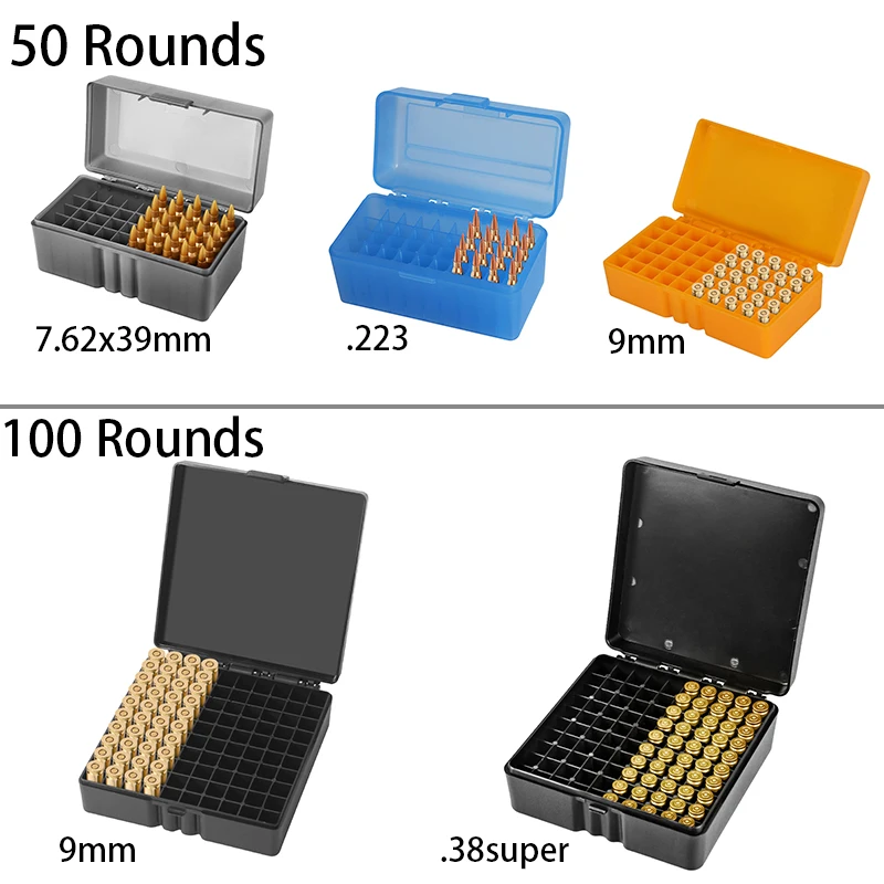 50/100กระสุนกลมขนาด7.62x39มม. 223 .38ซุปเปอร์กระสุน9มม. กล่องเก็บสินค้าล่าสัตว์กลางแจ้งที่ใส่กระสุน