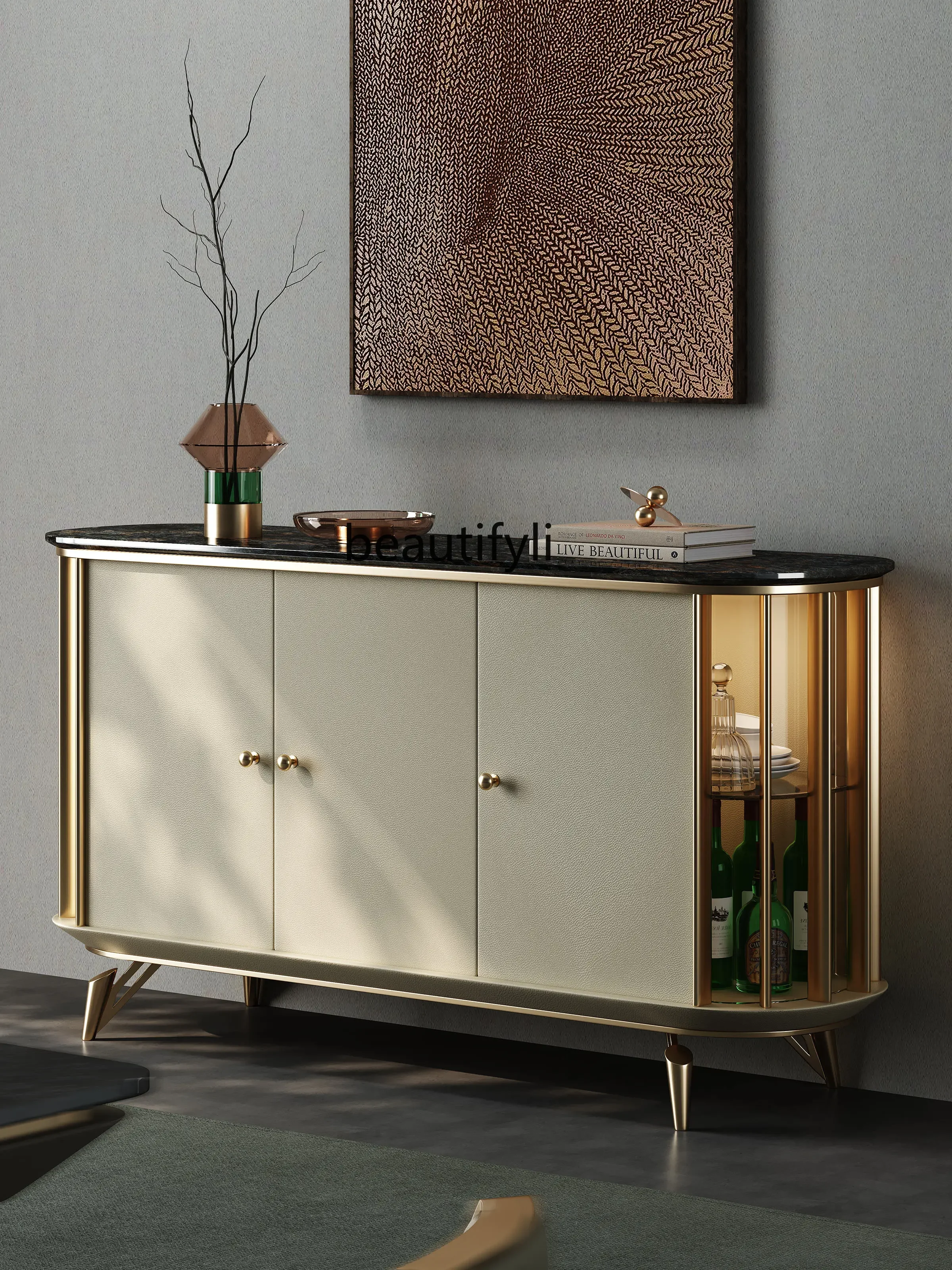 Stainless Steel Marble Sideboard Cabinet Restaurant Italian-Style Light Luxury Stone Countertop Locker