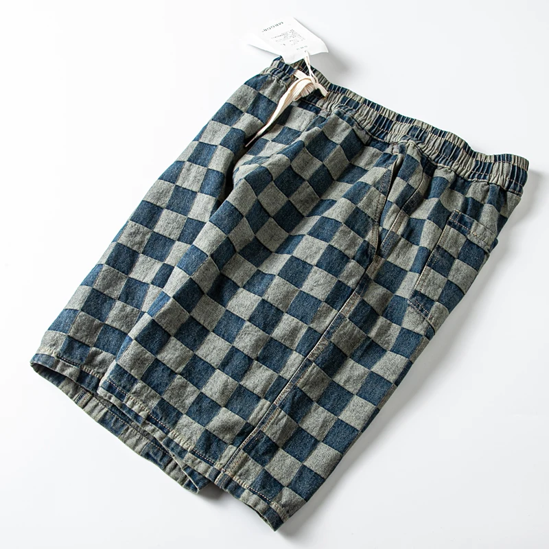 Retro Japanese Style Plaid Shorts Summer Loose Casual Versatile Men's And Women's Denim Five-Point Beach Casual Shorts