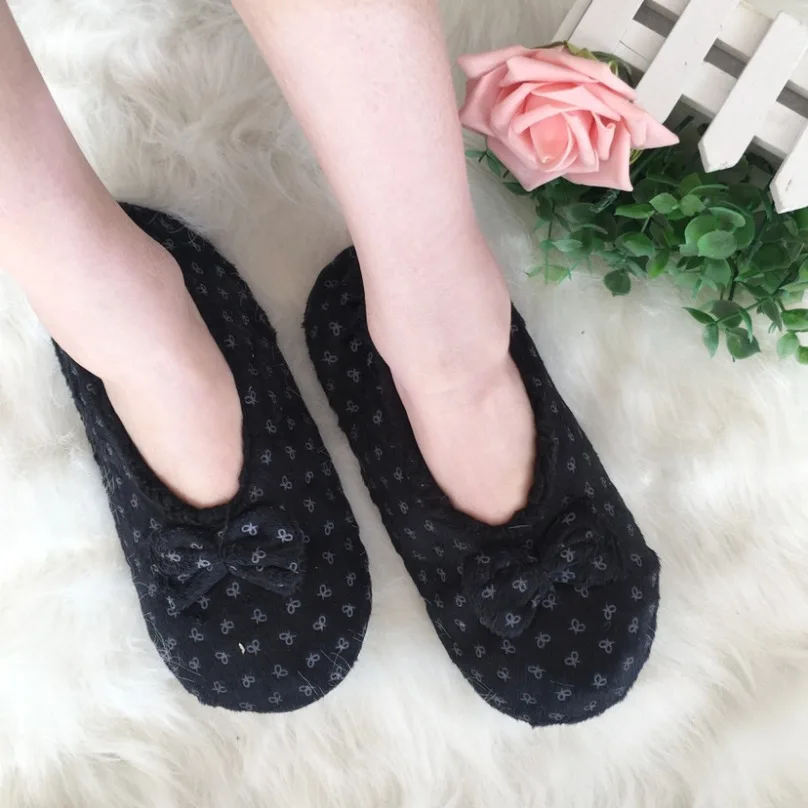 Home Plush Slipper Womens Winter Room Warm Non Slip Bow Knot Grip Funny Indoor Fluffy Female Furry House Floor Shoes Flat Black