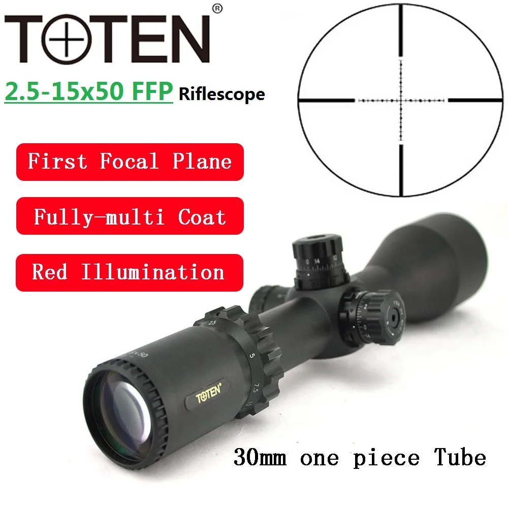 TOTEN 2.5-15x50 FFP Riflescope ar15 m4 Sniper Hunting Rifle Scope 30mm Tube Night Red Illumination Long Range Aim Optical Sight