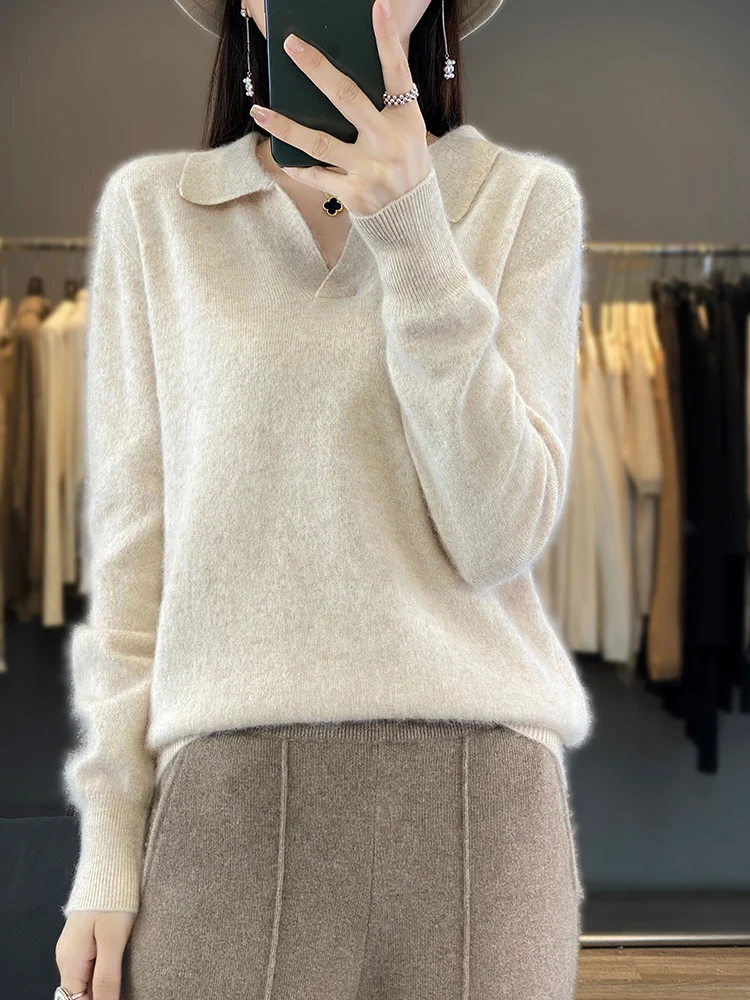 Winter Spring 100% Mink Cashmere Women Jumper Polo-Collar Fashion Knit Solid Color Sweater Long Sleeve Large Size Base Warm Tops