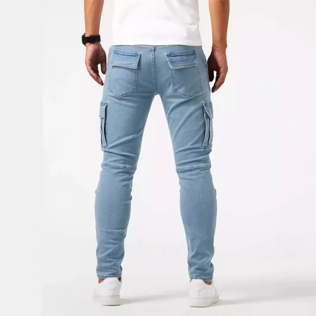 Hommes mode décontracté crayon élasticité jean mâle Multi poche petit mince haute rue Denim pantalon lavage solide bleu foncé pantalon