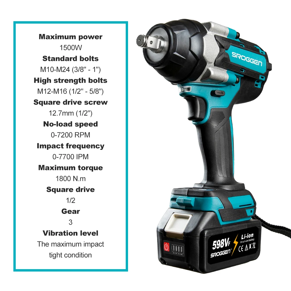 SROGGEN 1800 N.M Torque DTW700 Brushless Electric Impact Wrench 1/2 In Lithium-Ion Battery For Makita 18V Battery