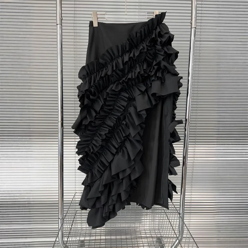 WTHT, nueva moda, faldas largas de pastel con diseño arrugado empalmado para mujer, falda dividida de cintura alta a la moda de verano 2025, para mujer 1LS2046