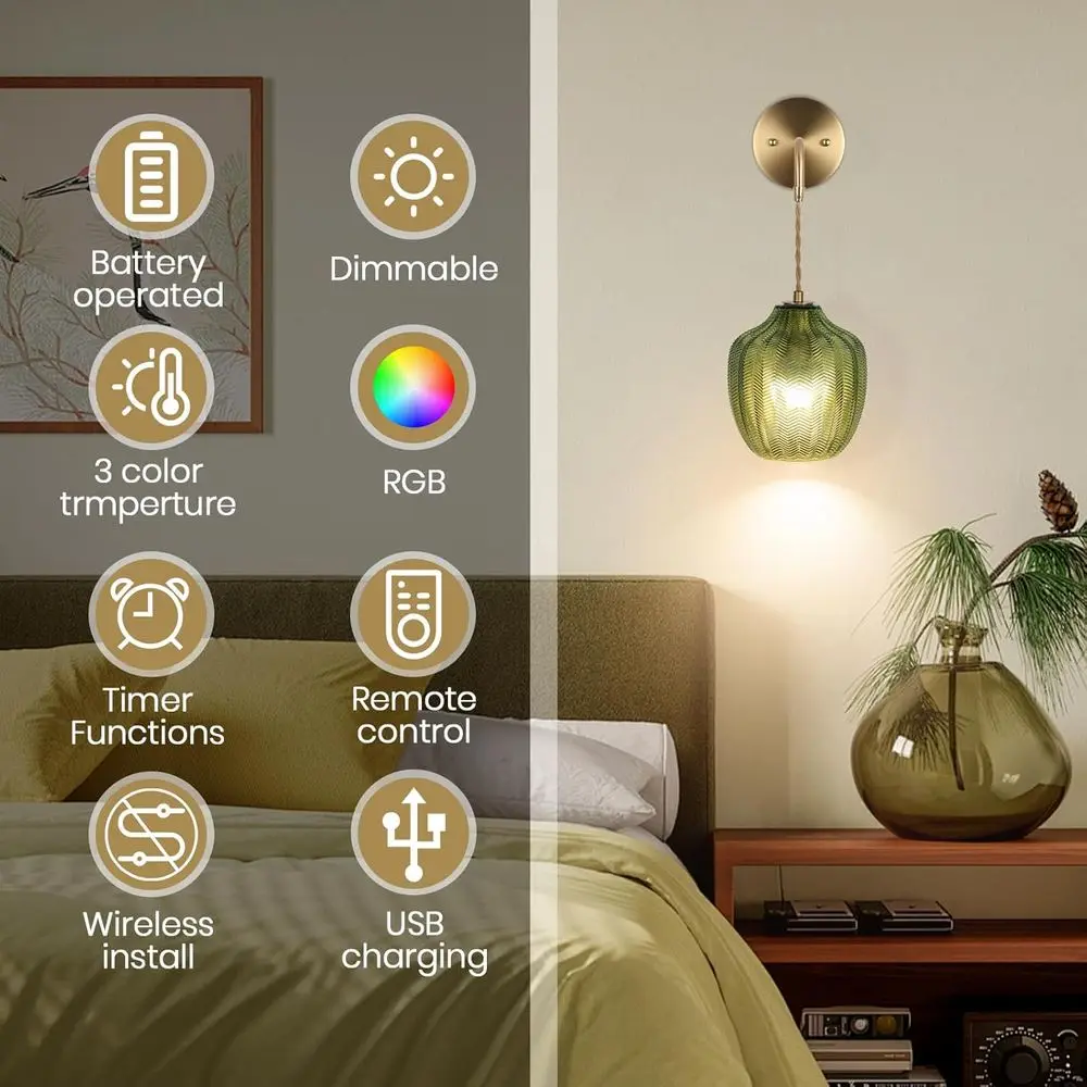 Zestaw 2 bezprzewodowych kinkietów RGB z możliwością ściemniania, zasilanych bateryjnie, sterowanych pilotem, nowoczesne do sypialni i salonów