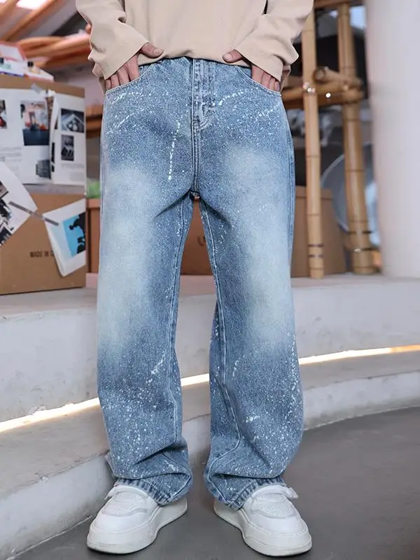 

Retro Waed Distred Men's Jeans Casual Straight Leg Trousers Faionable High Street Brand Cotton Denim mid Waist Zipper