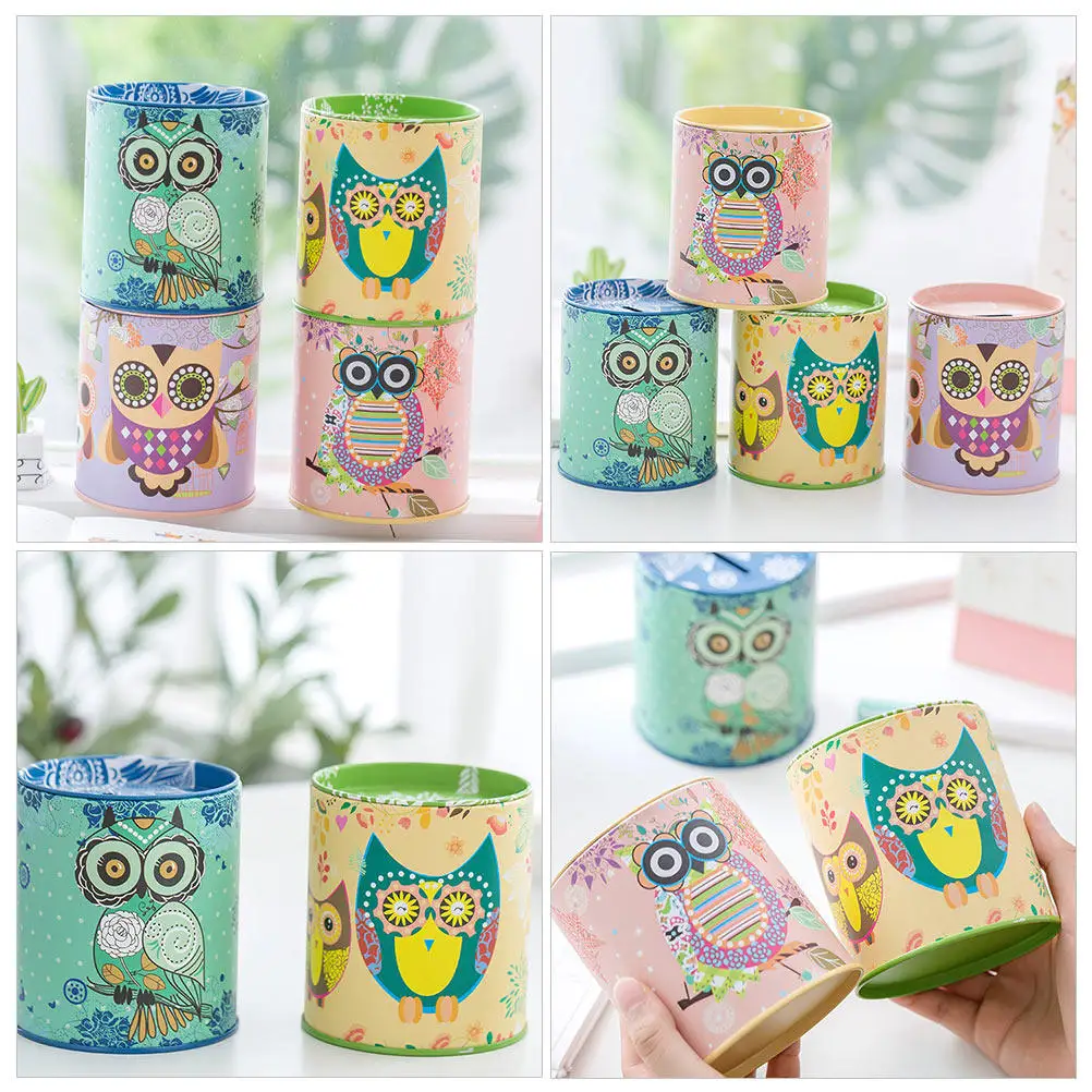 

Набор из 4-х копилок в виде мультяшных сов из жести, большая вместимость, для детей, креативный подарок, декоративный сувенир