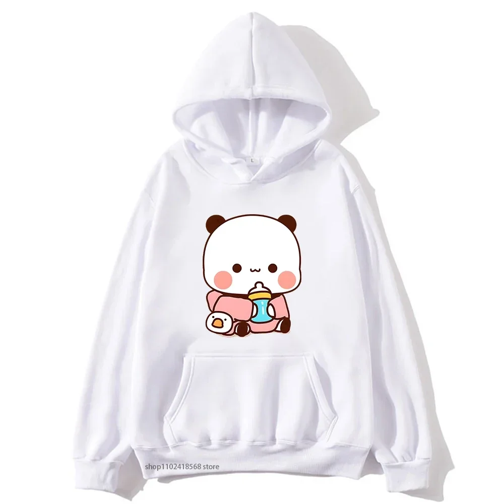 Men Women Couple Hoodie Cute Baby Bubu Is Drinking Milk Graphic Sweatshirt Cartoon Panda and Brownie Bear Top Y2k Clothes Unisex