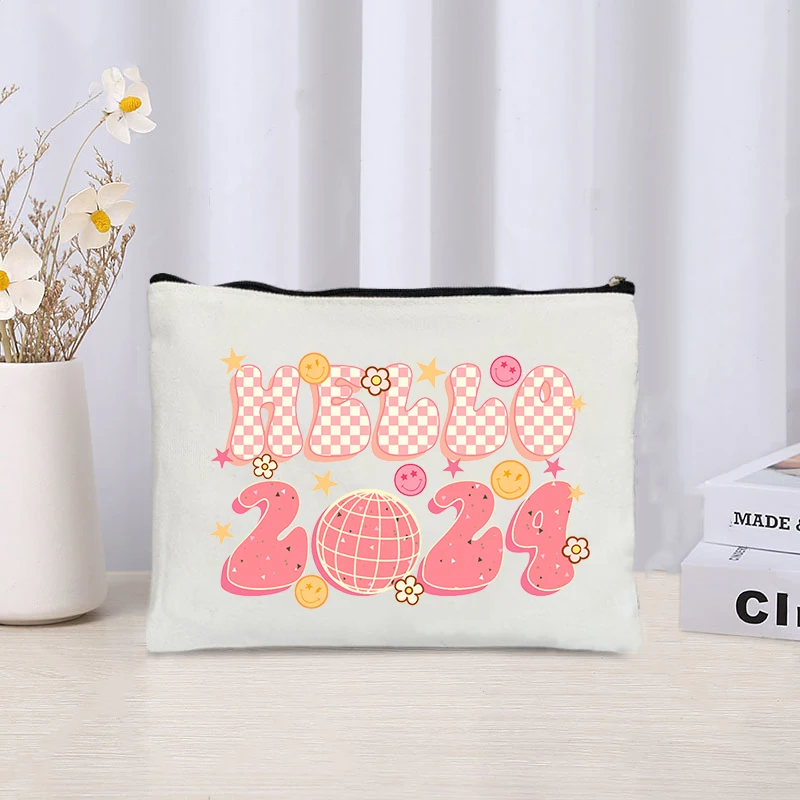 Happy New Year 2024 Makeup Zipper Pouch for Women Trendy Cosmetic Storage Organizer Kawaii Canvas Handbag Make Up Bag Girl Gifts