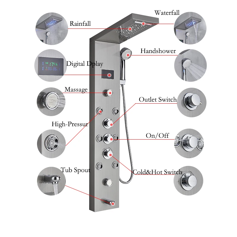 LED Light Bathroom Shower Faucet Set LED Rainfall Shower Panel System Bathtub Water Mixer Tap Massage SPA Temperature Screen