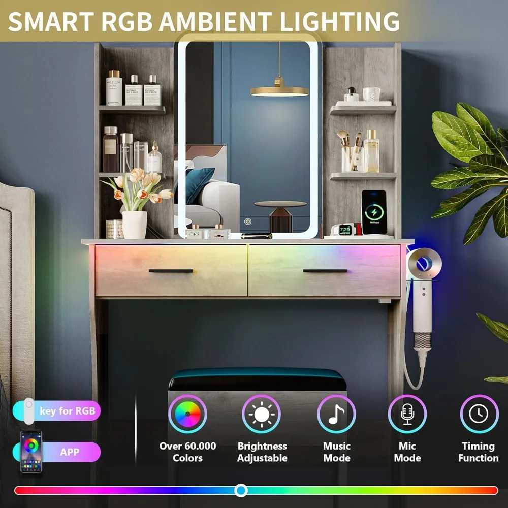 Toaletka z oświetleniem LED, lustrem i gniazdem zasilania, kompaktowy zestaw do makijażu z szufladami i krzesłem, 3 tryby oświetlenia