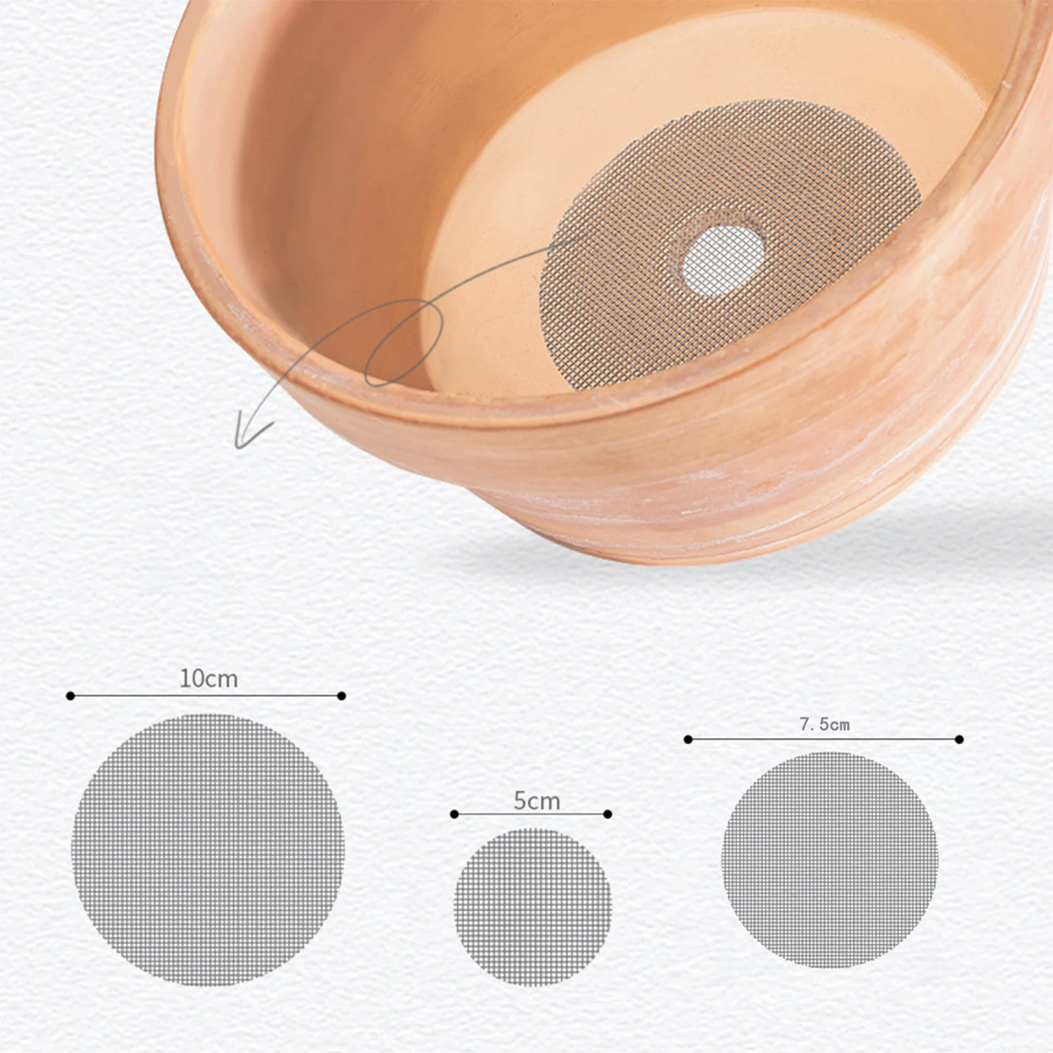 100 قطعة من شبكة فتحات تصريف دائرية لأحواض الزهور، تمنع فقدان التربة لنباتات الحديقة بونساي، حشية الشبكة السفلية
