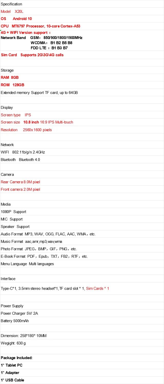 8GB RAM 128GB ROM 10,8" Android 10 4G Telefon-Tablet-PC MT6797 10-Kern 2560x 1600 Pixel Dual-Kamera Typ-C – Detail 1