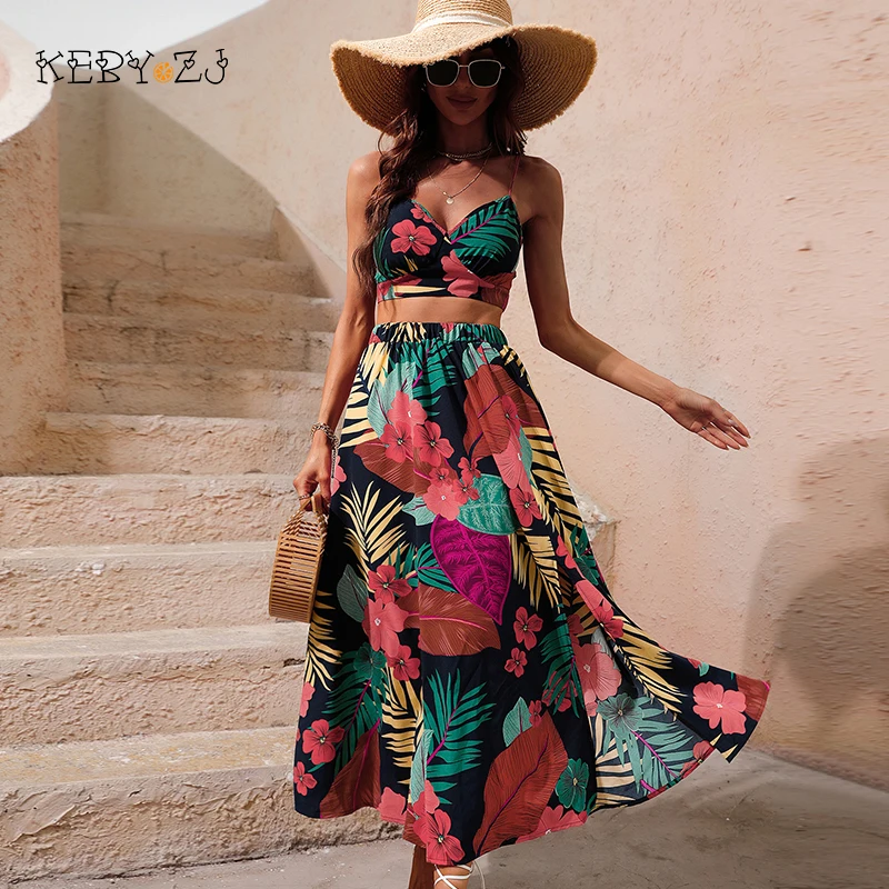 

KEBY ZJ Y2K Bikini Crop Tops Skirts Set for Women Summer Two Pieces Skirt Beach Vacation Floral Print Maxi Skirt Sexy Boho Set