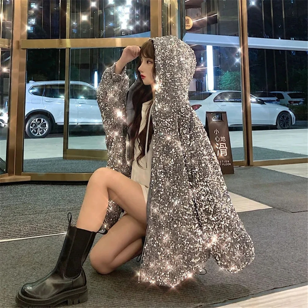 Y2KWoman ClothingWomen'S Hooded Coat With Sequins, Versatile, Starry Sky, High Street Wear, New Fashion, Spring And Autumn