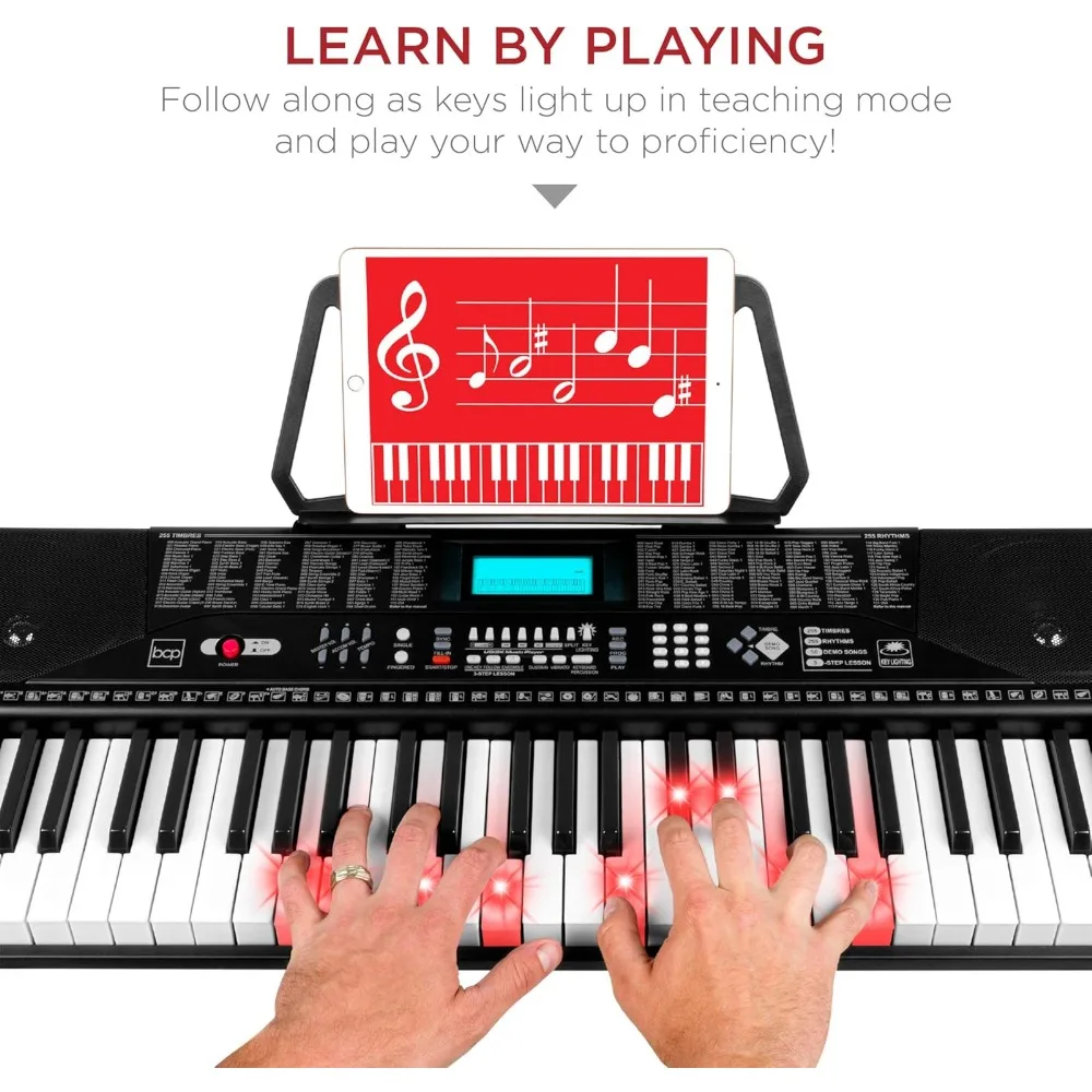 

61-Key Beginners Complete Electronic Keyboard Piano Set w/Lighted Keys, LCD Screen, Headphones, Stand, Bench - Black