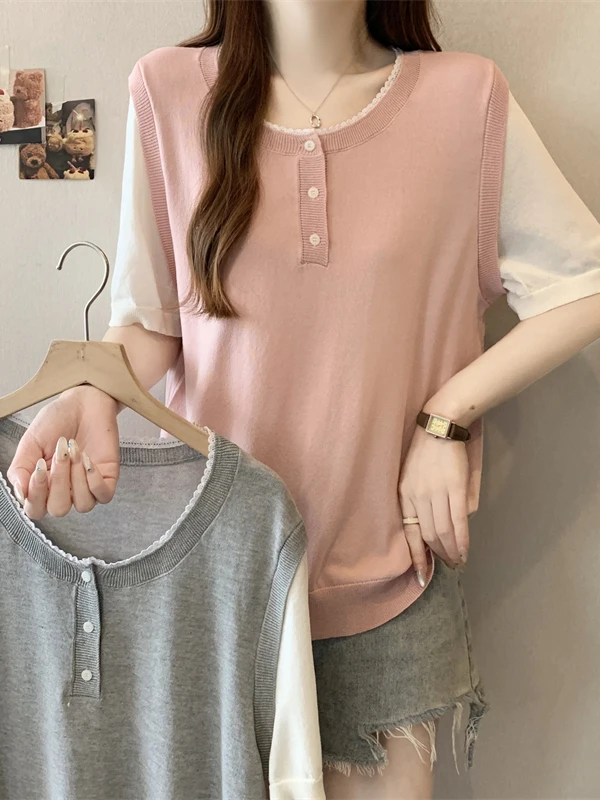 

Slimming Large Size Women's Short Sleeve Knitwear Casual Style Color Block Loose Fit Summer Top Fashionable Commute Wind