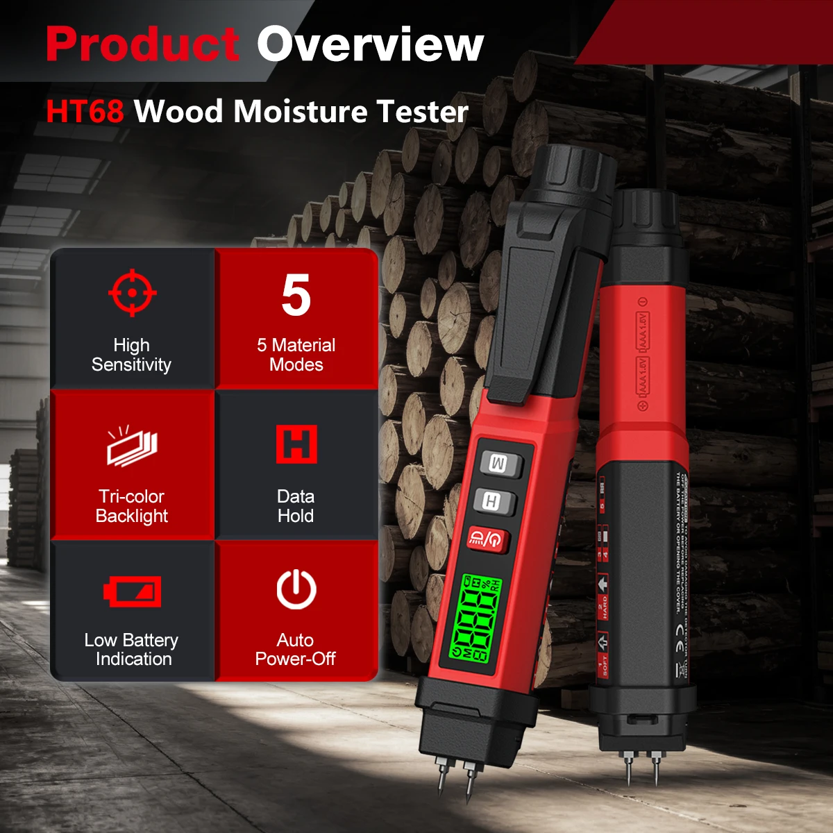 HT68 Portable Digital Wood Moisture Meter LCD Display 0-60% Timber Damp Detector Concrete Cement Brick Humidity Tester Date Hold