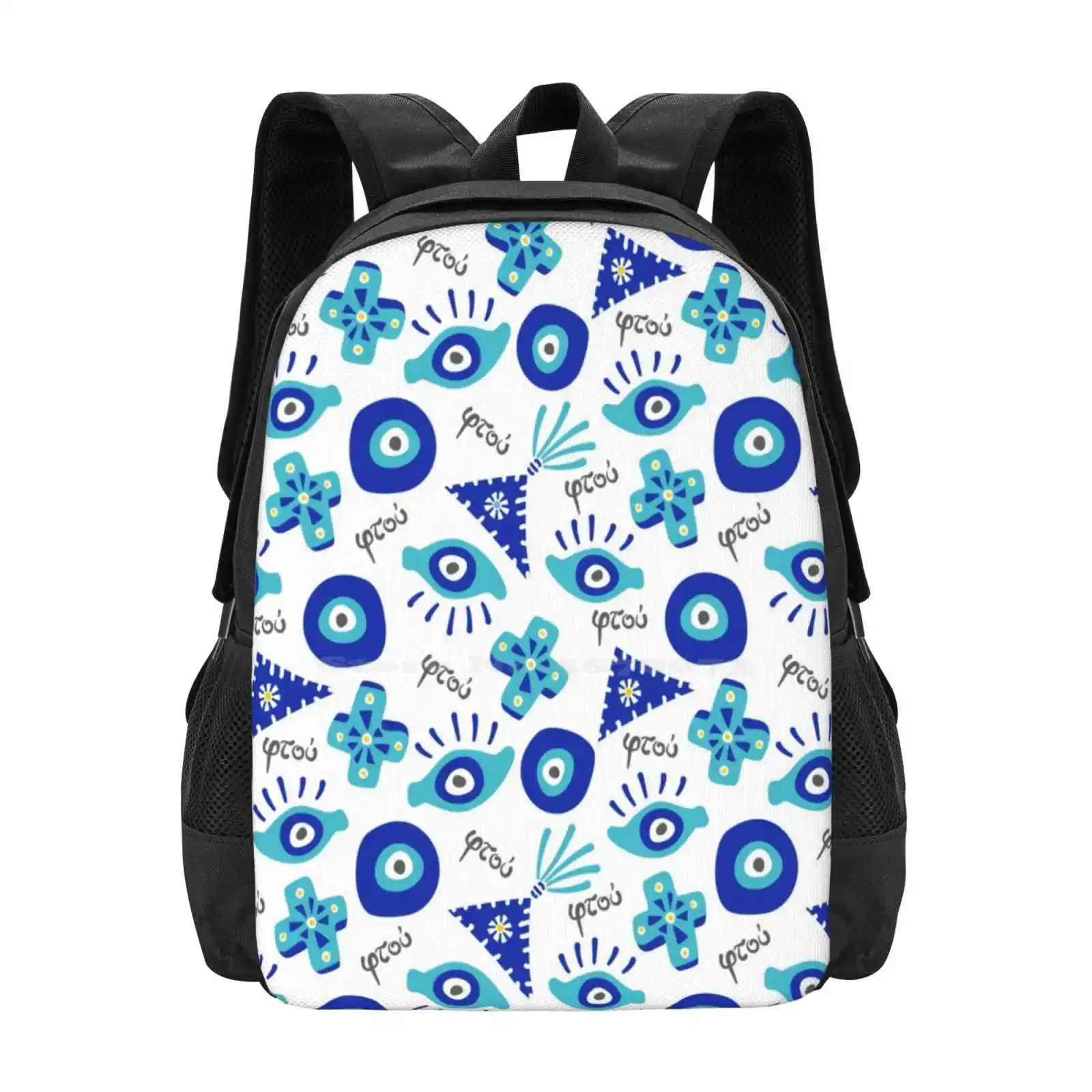 Ftou Ftou Pattern Design Bag Student'S Backpack Greek Traditions Evil Eye Superstitions Blue Love Eyes Beads Blue Circles