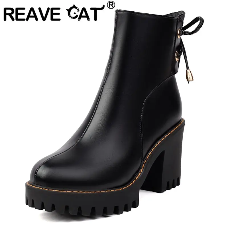 REAVE CAT Classic Women Ankle Boots Round Toe Chunky Heels 8cm Platform 2.5cm Lace Up 42 43 Leisure Daily Bota