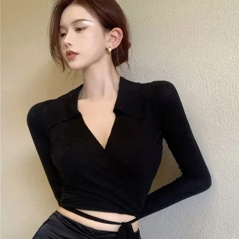 Sweet Hot Girl Sexy V-hals Lace-up Slim-fit T-shirt Dames Lente en Zomer Korte Lange mouwen Truien Mode Vrouwelijke Kleding