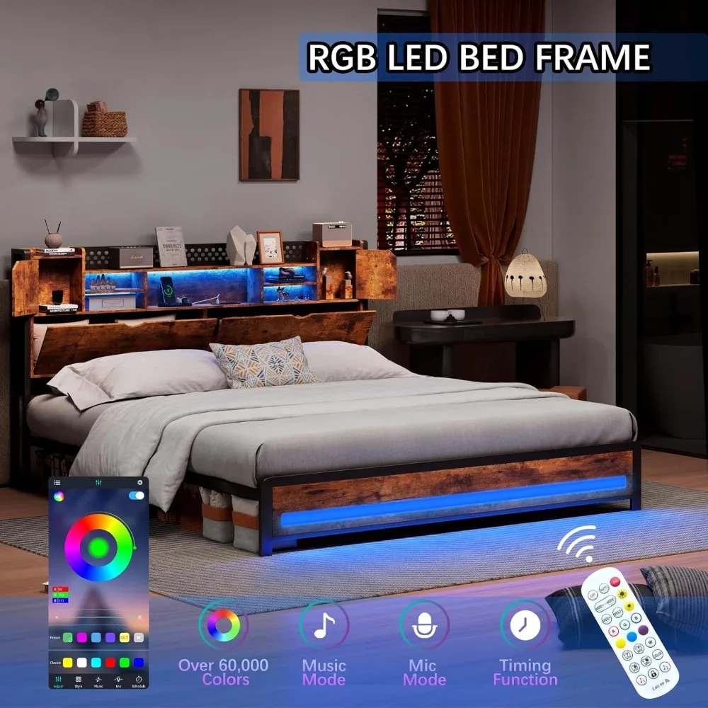 King Size Bed Frame with Charging Station(Type-C & USB Ports), Adjustable RGB LED Light, Storage Headboard with Storage Space