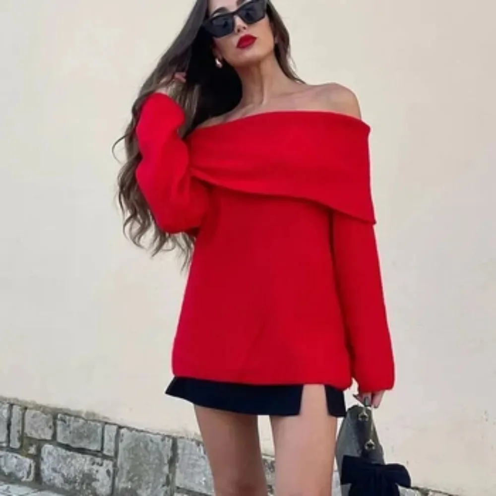 Women Fashion Solid Off Shoulder Sweater Long Sleeve Knitted Pullover Sweater Autumn Female Casual Knitwear Chic Top