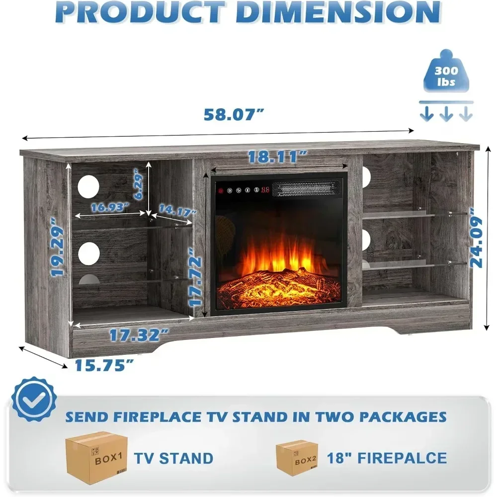 Fireplace TV Stand with Fireplace, Modern Entertainment Center for TVs up to 58 inch, Media TV Console  Farmhouse TV Stand