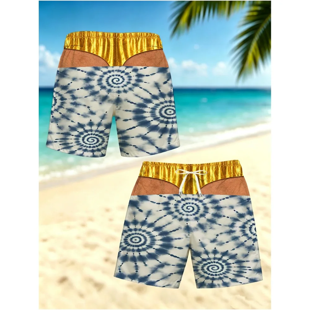 Funny 3D Optical Illusion Men's Swim Trunks Fake Butt Blue White Tie Dye Gold Waist Quick Dry Drawstring Beach Shorts