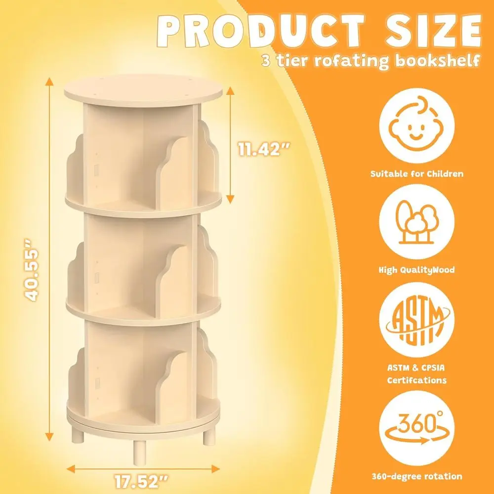 برج رف كتب دوار للأطفال، منظم كتب خشبي دوار 360 درجة مكون من 3 طبقات للأطفال الصغار، خزانة كتب دوارة مستديرة من مونتيسوري #2