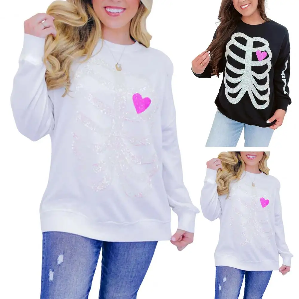 1Pc Women Halloween Sequin Sweatshirt Cute Long Sleeve Halloween Jumper Casual Sequin Skeleton Sweatshirt for Women for Sport