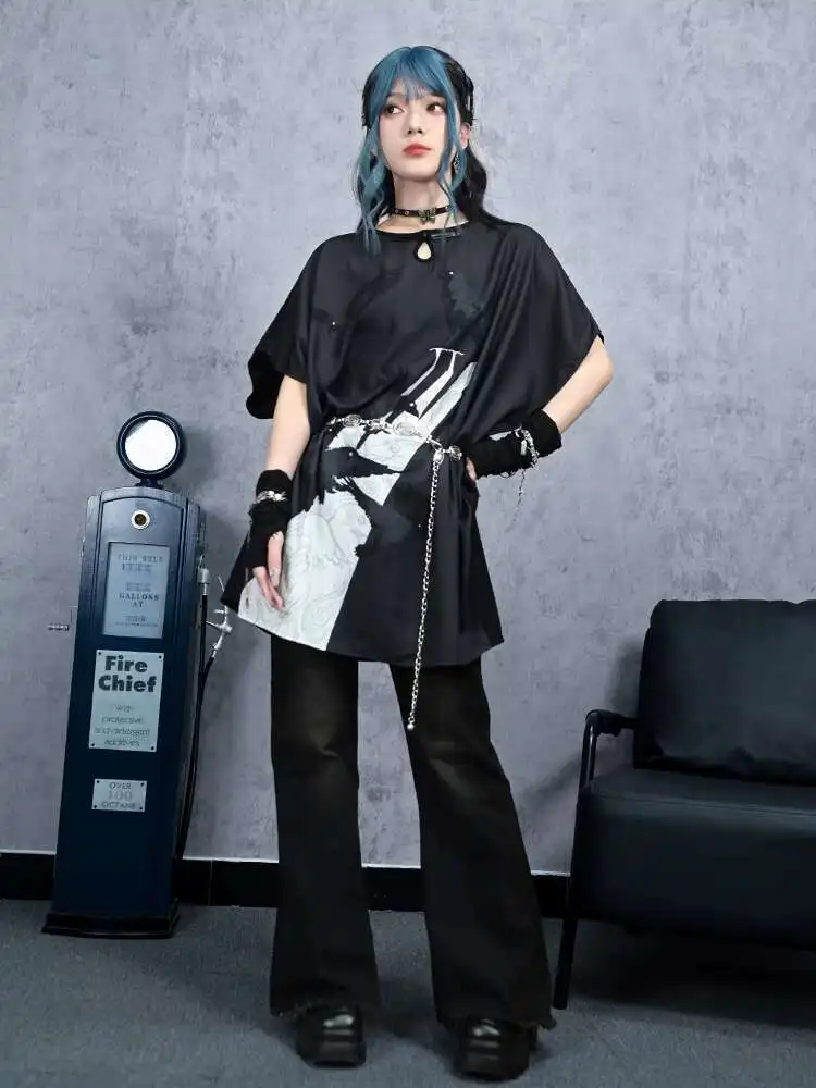 새로운 중국 스타일 국가 스타일 한 요소 느슨하고 편안한 돌먼 슬리브 긴 티셔츠 스커트 여성 패션상의