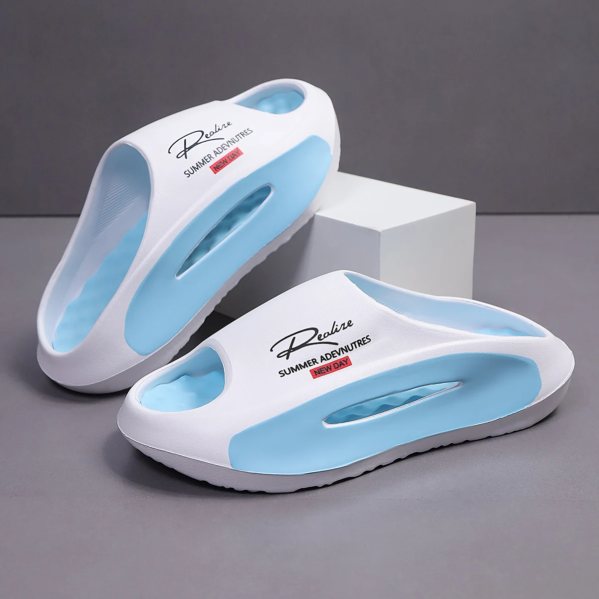 

Men's Sport Slippers - Lightweight EVA Non-Slip Slides with " Summer Adventures New Day" Graphic, Open-Toe Design for Indoor/Out