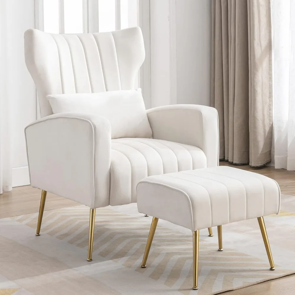 Chair with Ottoman Upholstered Wingback Bedroom Arm Chair with Lumbar Pillow & Golden Legs, Modern Chair for Dorms Reading