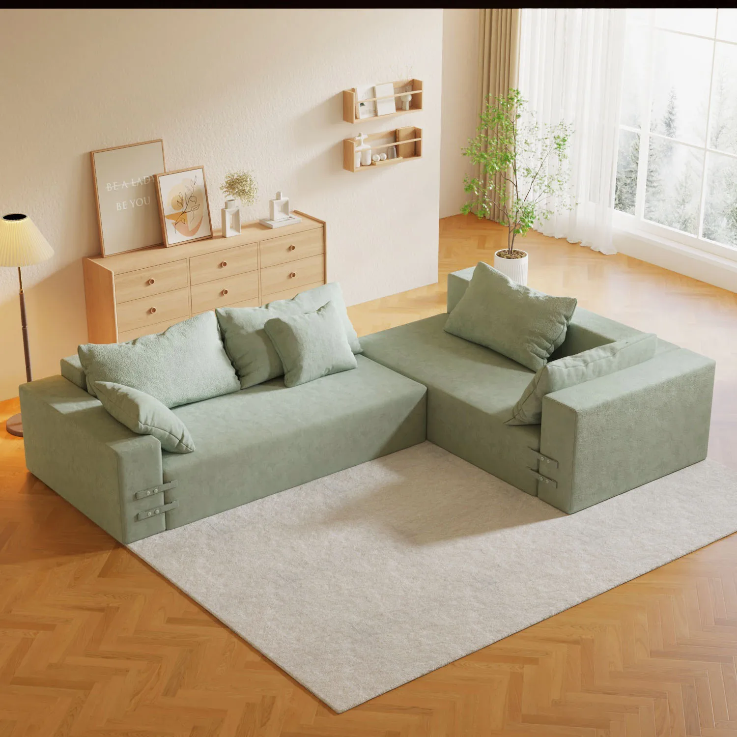 Living Room Sofa With Double Layer Foam Support For Home Furniture Sofa Bed With 6pcs Throw Pillows