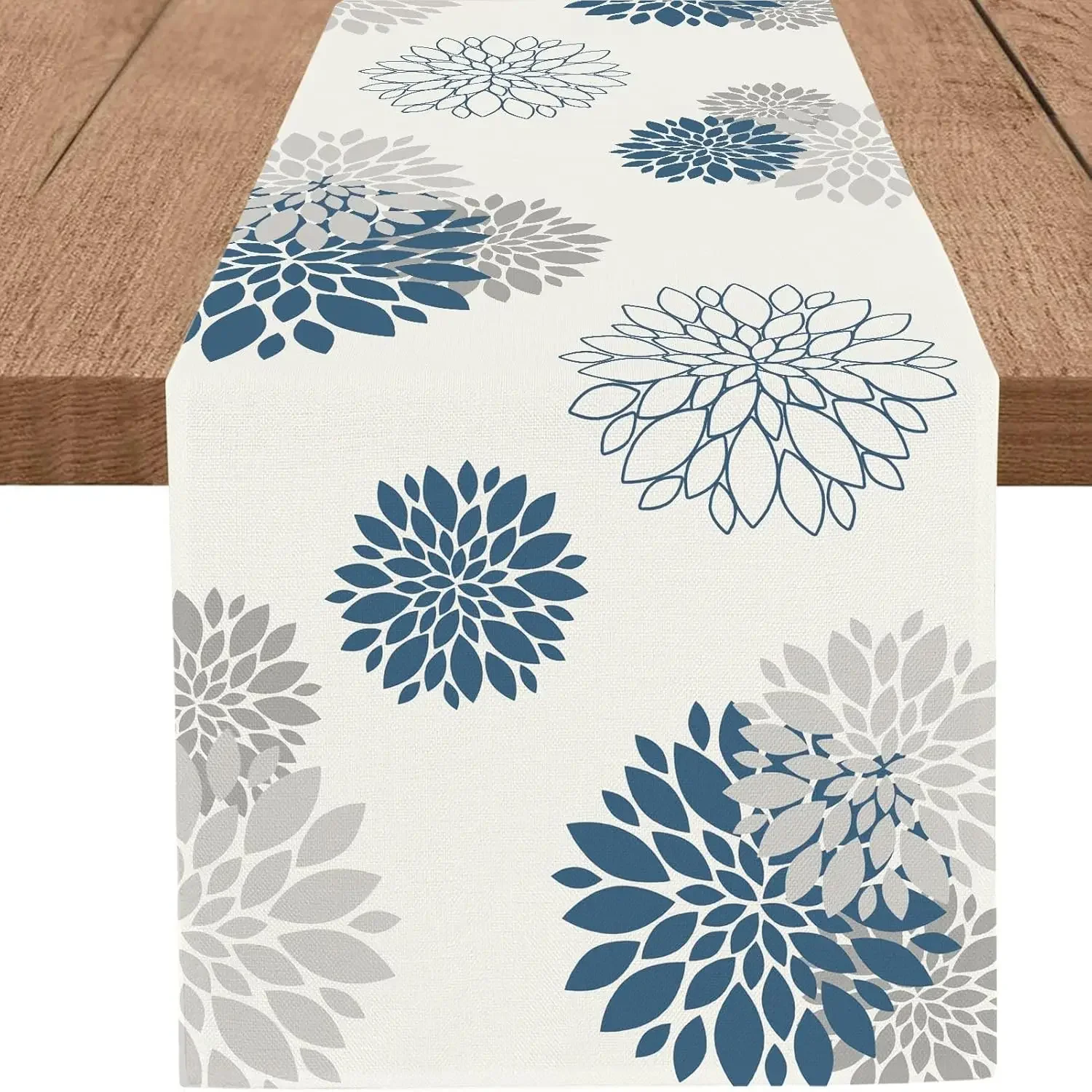 Blue Gray Dahlia Flower Linen Table Runners Home Table Decor Washable Kitchen Dining Table Runners Holiday Party Decorations