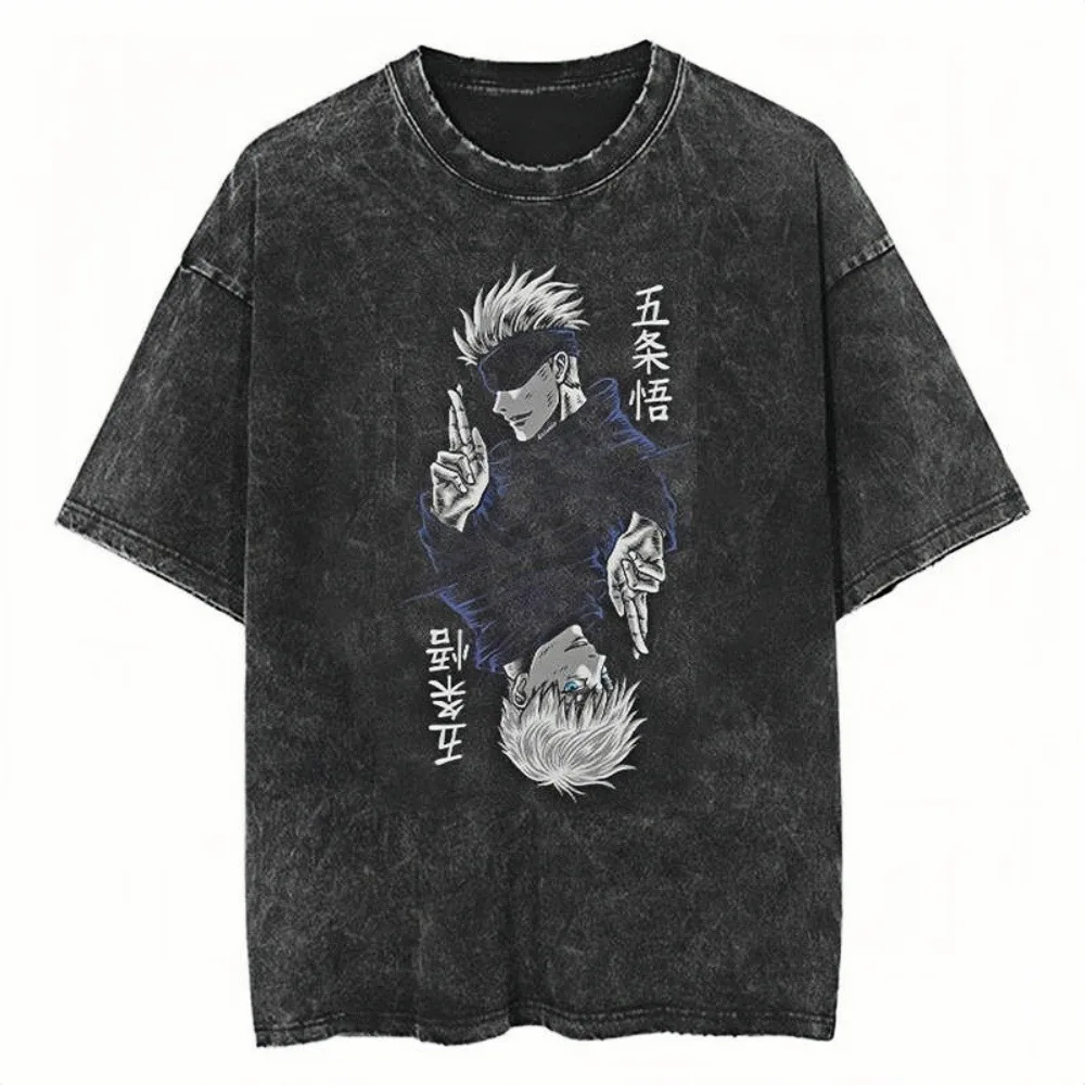 

Футболка Jujutsu Kaisen Gojo Satoru Acid Wash с зеркальным принтом, большие свободные футболки унисекс, уникальные аниме Fandom, повседневная одежда, топы