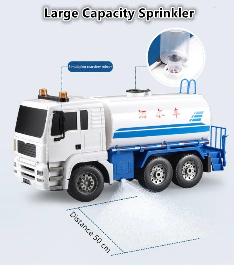 Camión grande doble E577, coche teledirigido, camiones de agua, rociador con luces de sonido de simulación, juguetes para camiones para niños