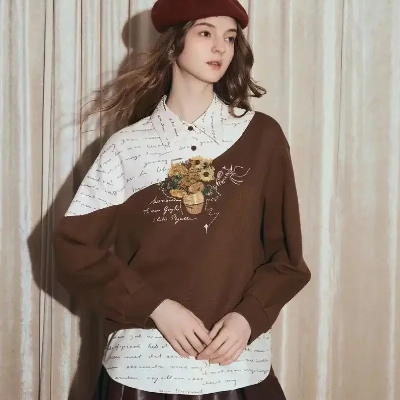 New Fashion Patchwork Sweatshirt Women Autumn Casual Lapel Collar Long Sleeve Horse Embroidery Pullovers Fake Two Piece Top