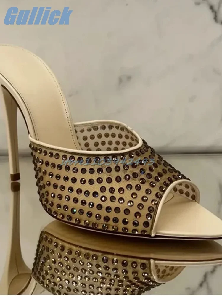 

Gold Mesh Slippers Rhinestones Peep Toe Stiletto High Heel Slides Solid Color Black Pull On Sandals Elegant Modern Fashion Shoes
