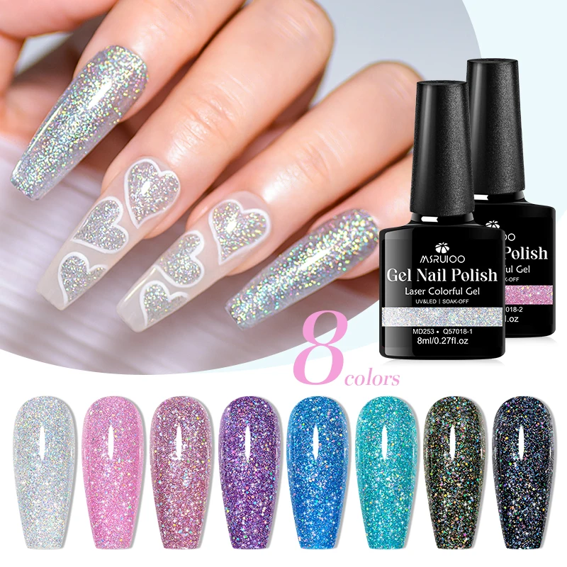 

8ml MSRUIOO Glitter Sequins Gel Nail Polish - Bling Bling White Black Pink Laser Colorful Gel Polish Varnish HEMA/TPO FREE