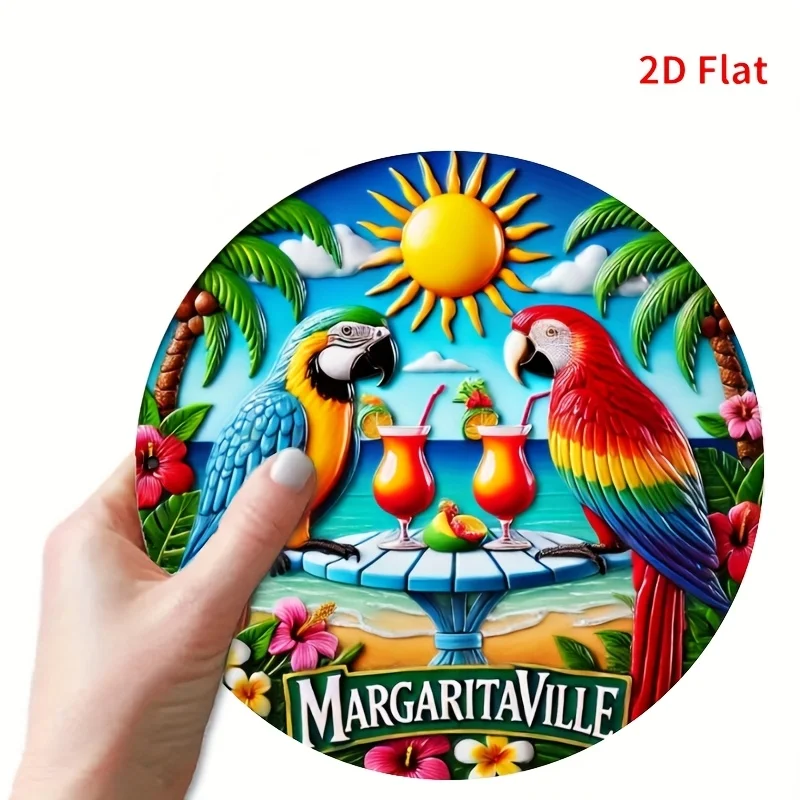 [Tropical Parrot Tin Sign] 2D Flat, Tropical Parrot Holiday Theme Round Metal Tin Sign - Vintage Beach Home & Kitchen Wall Art