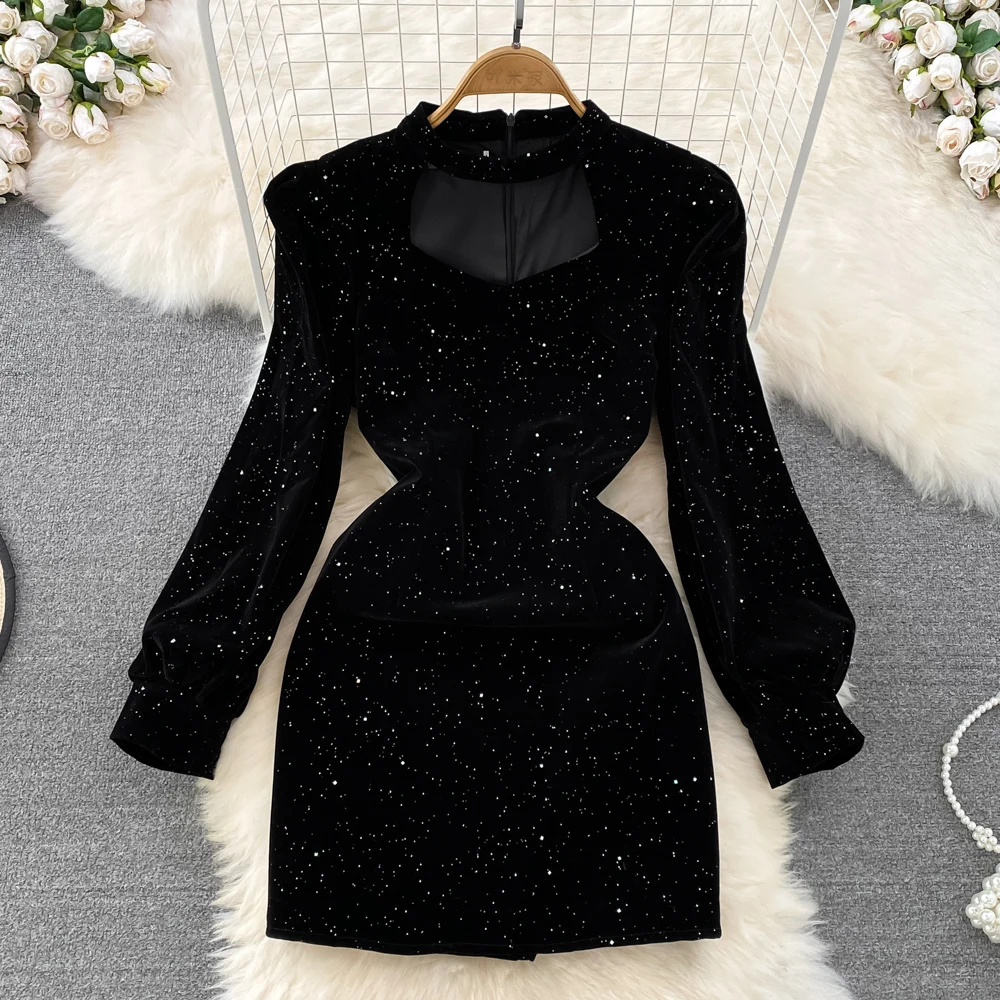 Vintage Style Square Neck Velvet Dress Women's Spring Autumn Waist Slim Shining Sparke Dresses Female Birthday Party Mini Dress