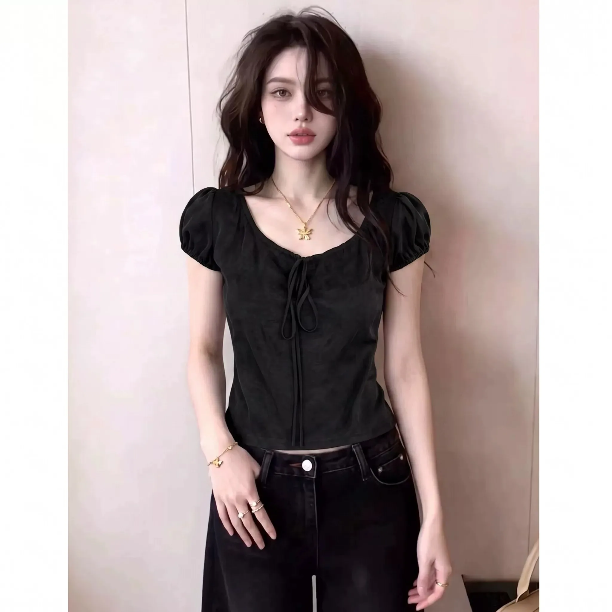 Summer Black Drawstring U-Neck Top Women's Sexy Versatile Bubble Short Sleeve Slim Fit Base Shirt Korean Style Retro Wind